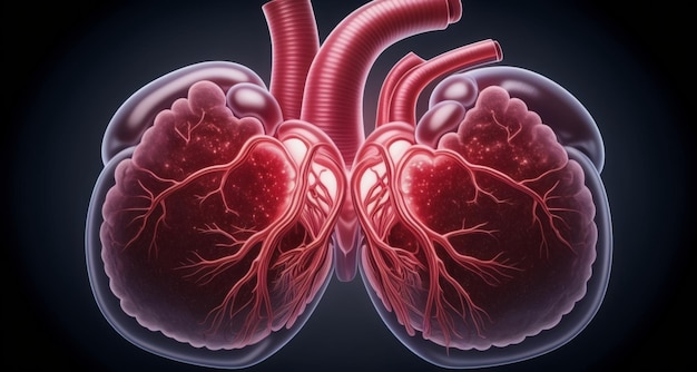 Renderização 3D de pulmões e coração humanos ilustrando os sistemas respiratório e circulatório