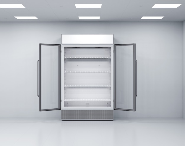 Renderização 3D de refrigerador comercial de aço inoxidável em uma sala vazia