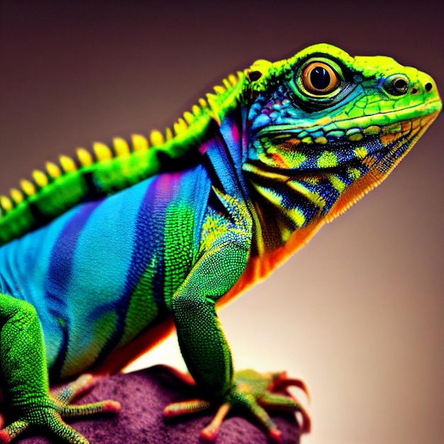 Renderização 3d de retrato de iguana de lagarto colorido closeup