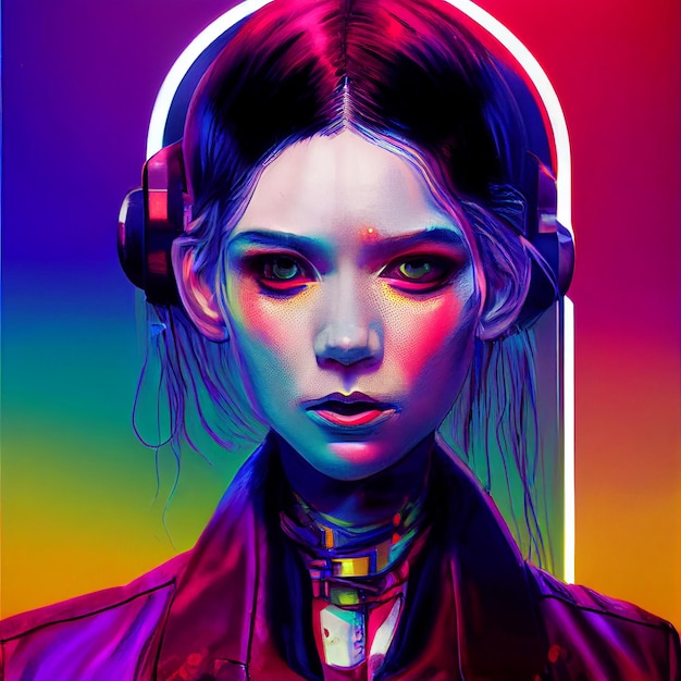 Renderização 3d de retrato de mulher robótica cyberpunk futurista