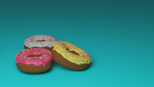 Renderização 3D de rosquinhas brilhantes em esmalte colorido com granulado em um fundo azul Rosquinhas saborosas brilhantes para criar designs de menu restaurantes e cafés plataformas de entrega on-line