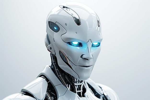 Renderização 3D de rosto de robô humanoide com luz azul em fundo cinza