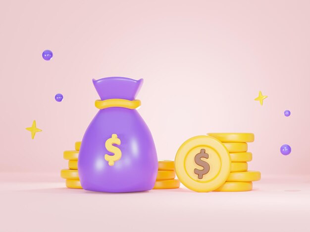 Foto renderização 3d de saco de dinheiro roxo com ícone de dólar a pilha de moedas em estilo de desenho animado bonito