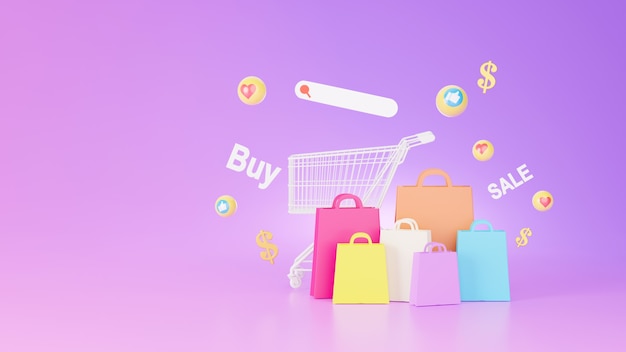Renderização 3D de sacola de compras e conceito de loja de compras online