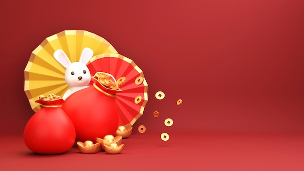 Renderização 3D de sacos de tesouros chineses com flores de papel de acordeão de personagem de coelho e espaço para texto em fundo vermelho