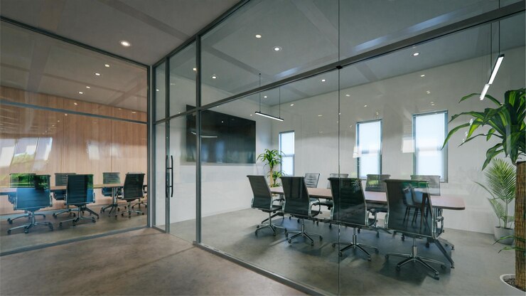 Renderização 3d de sala de conferências de escritório de negócios moderno