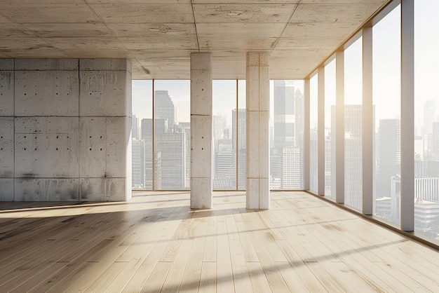 Renderização 3D de sala vazia com piso de madeira, parede de concreto e vista do horizonte