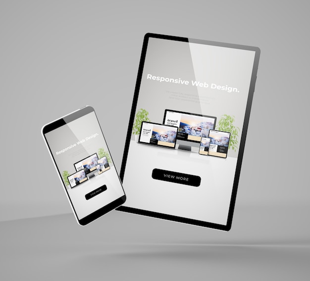 Renderização 3d de simulação de smartphone e tablet voando mostrando um site responsivo