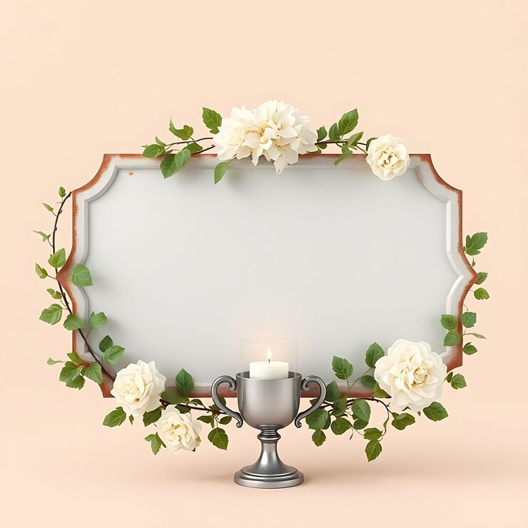 Foto renderização 3d de sinalização em branco de metal enferrujado decorações florais inspiradas em hortênsia de hera de videira