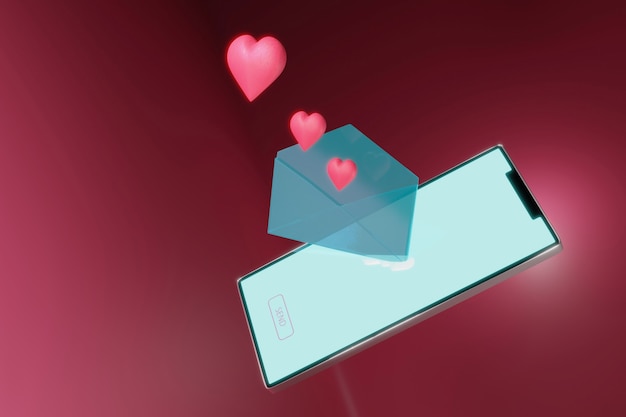 Renderização 3d de smartphone enviando mensagem de amor. conceito de dia dos namorados