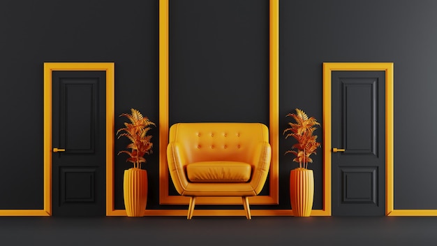 Foto renderização 3d de sofá amarelo com palmeira dourada em pote e porta preta fechada