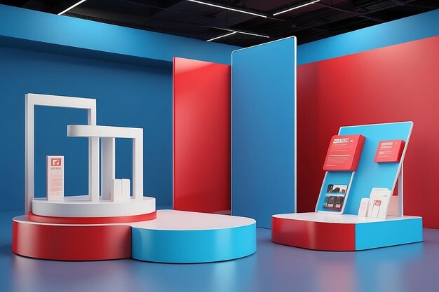 Renderização 3D de stand de exibição de produtos em fundo azul e vermelho