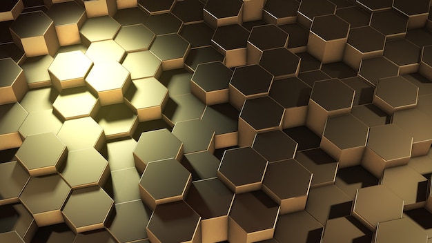 Renderização 3D de superfícies douradas geométricas hexagonais abstratas no espaço virtual