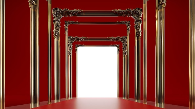 Renderização 3D de tapete vermelho levando a uma luz de porta brilhante em um fundo vermelho