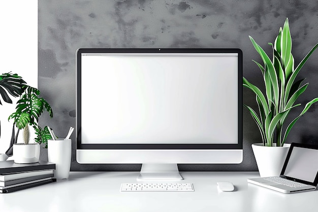 Renderização 3D de tela de monitor em branco com local de trabalho moderno com mesa moderna confortável