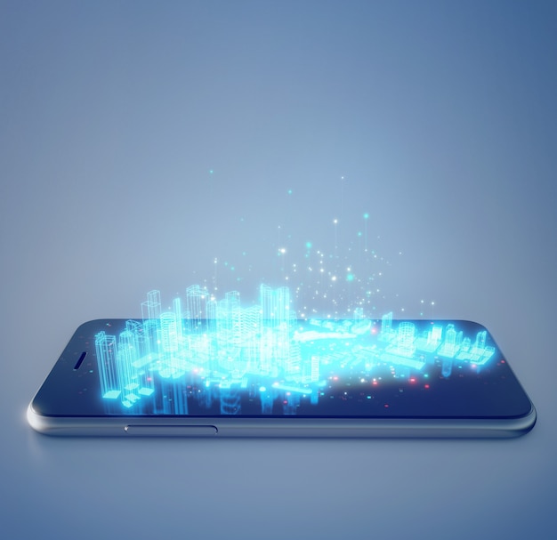 Renderização 3D de telefone celular e plano urbano