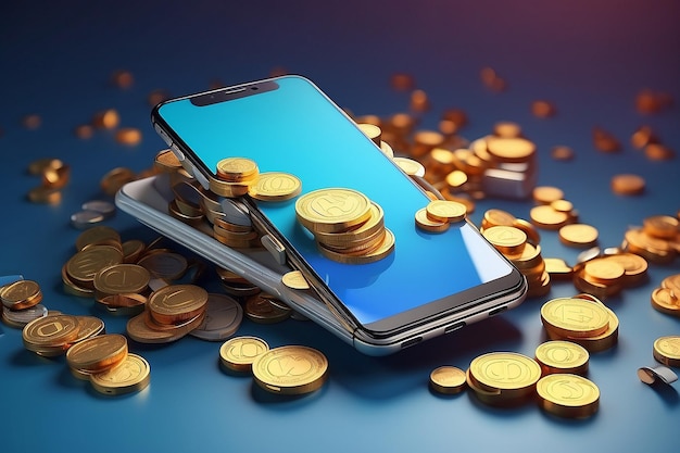 Renderização 3D de telefone e ícone de moeda conceito de tecnologia de transação de pagamento de dinheiro no telefone em fundo Ilustração de renderização 3D estilo de desenho animado