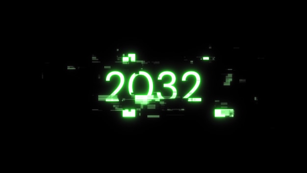 Renderização 3D de texto 2032 com efeitos de tela de falhas tecnológicas