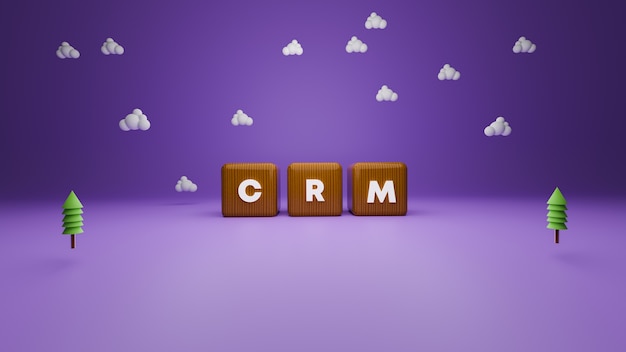 Renderização 3d de texto de bloco de crm de estilo de madeira em roxo