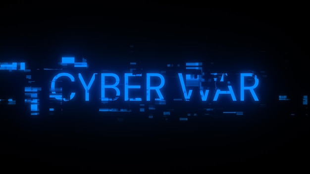 Renderização 3D de texto de guerra cibernética com efeitos de tela de falhas tecnológicas