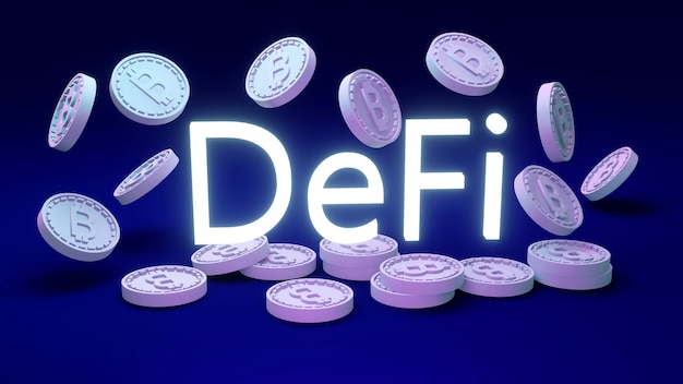 Renderização 3D de texto Defi com moeda como referindo-se a blockchain no conceito descentralizado de fundo