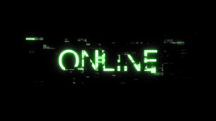 Foto renderização 3d de texto on-line com efeitos de tela de falhas tecnológicas