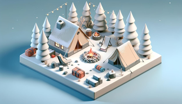 Foto renderização 3d de um acampamento coberto de neve em estilo de desenho animado