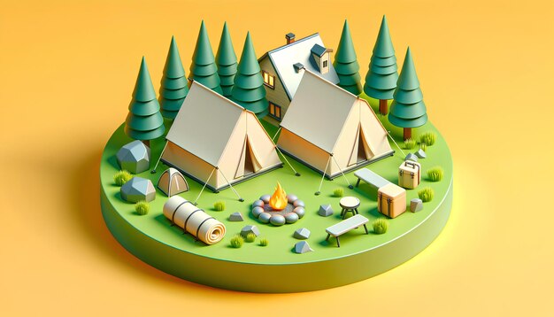 Foto renderização 3d de um acampamento em estilo de desenho animado