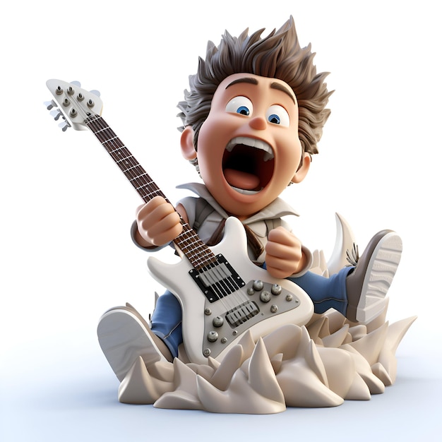 Renderização 3D de um adolescente com uma guitarra elétrica em fundo branco