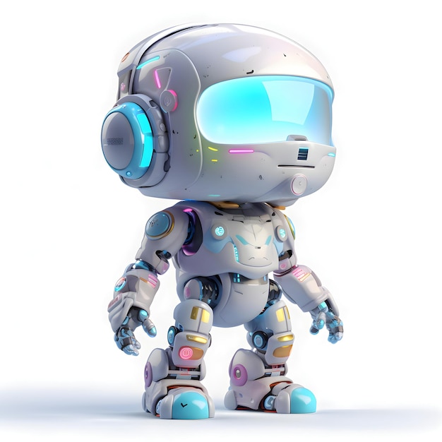 Renderização 3D de um Android com um capacete azul em fundo branco