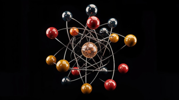 Renderização 3D de um átomo O núcleo é representado por uma esfera brilhante e os elétrons são representados por esferas menores que orbitam o núcleo