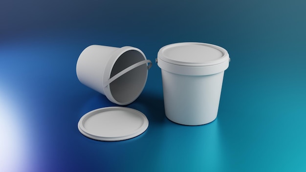 Renderização 3D de um balde de plástico branco com tampa em fundo azul