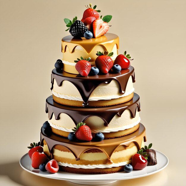 Foto renderização 3d de um bolo de aniversário com chocolate e bagas no topo