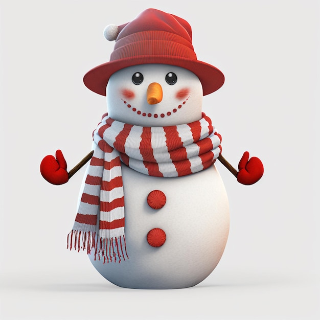 Foto renderização 3d de um boneco de neve com luvas vermelhas, chapéu e cachecol, isolado em um fundo branco