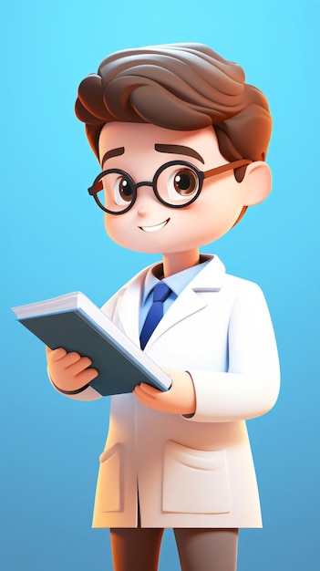 Renderização 3D de um bonito desenho animado de um médico com ilustração de temas médicos e de saúde