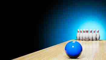 Foto renderização 3d de um bowling com skittles e uma bola