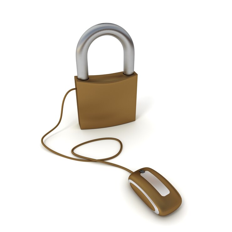 Foto renderização 3d de um cadeado conectado a um mouse de computador