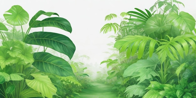 Renderização 3D de um caminho na selva com folhas de monstera