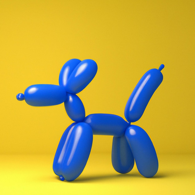 Renderização 3D de um cão balão azul em uma sala amarela