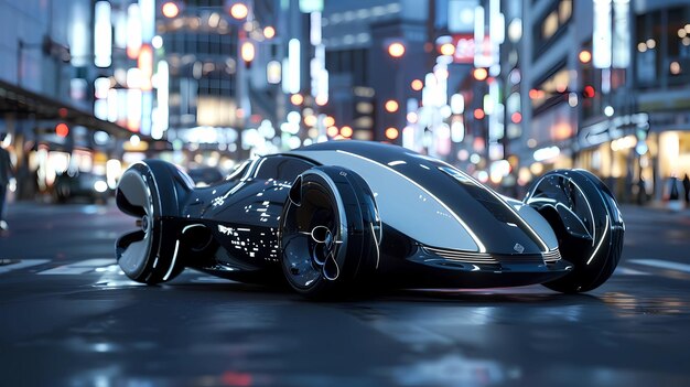 Renderização 3D de um carro conceitual futurista na cidade à noite