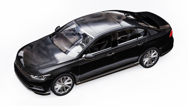 renderização 3D de um carro preto genérico sem marca em um ambiente de estúdio branco.