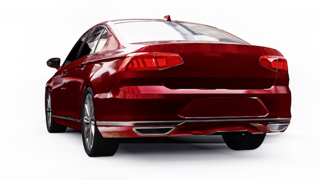 Renderização 3D de um carro vermelho genérico sem marca em um ambiente de estúdio branco.