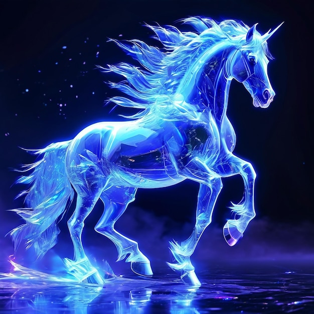 Renderização 3D de um cavalo azul em um fundo escuro com partículas de cavalo em fundo preto