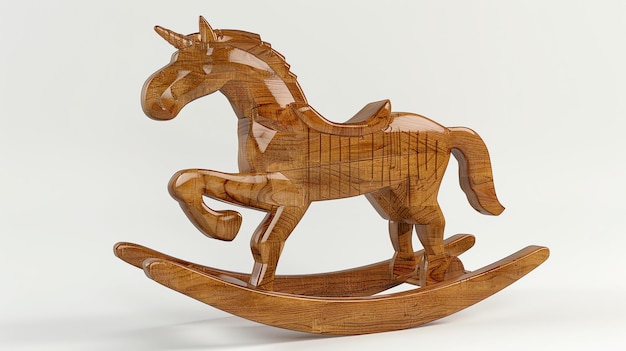 Foto renderização 3d de um cavalo de balanço de madeira o cavalo é castanho e tem uma textura natural de grãos de madeira ele está de pé sobre um fundo branco