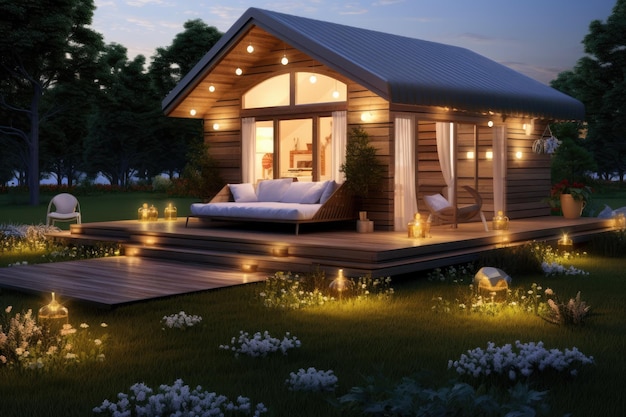 Renderização 3D de um chalé moderno e aconchegante no jardim à noite Uma renderização 3D apresenta uma pequena casa na grama com muitas luzes AI Gerado