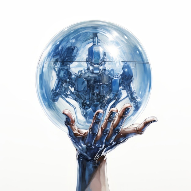 renderização 3D de um ciborgue feminino segurando uma bola de cristal