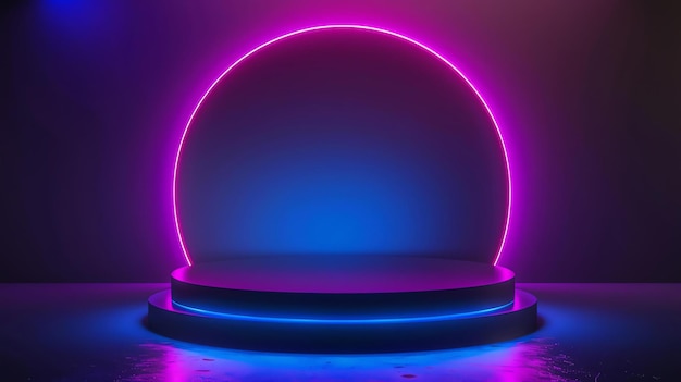 Renderização 3D de um círculo de néon azul e rosa brilhante em um fundo escuro Um pódio escuro fica na frente do círculo