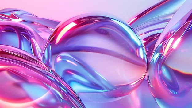 Renderização 3D de um close-up de um grupo de esferas de vidro iridescentes As esferas são iluminadas por uma luz rosa suave que cria um brilho quente e convidativo