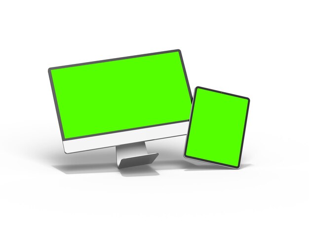 Renderização 3D de um computador de mesa e tablet com uma tela verde em um fundo claro