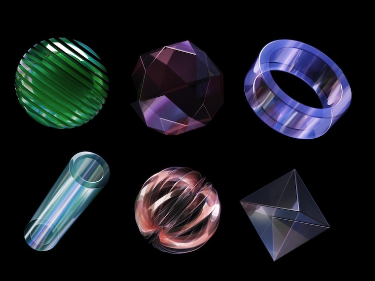 Foto renderização 3d de um conjunto de objetos geométricos ícones elementos de vidro isolados em um fundo preto